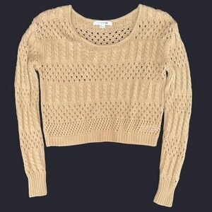 Forever 21 Tan Camel Brown Scoop Neck Crochet Cropped Long Sleeve Sweater Small
